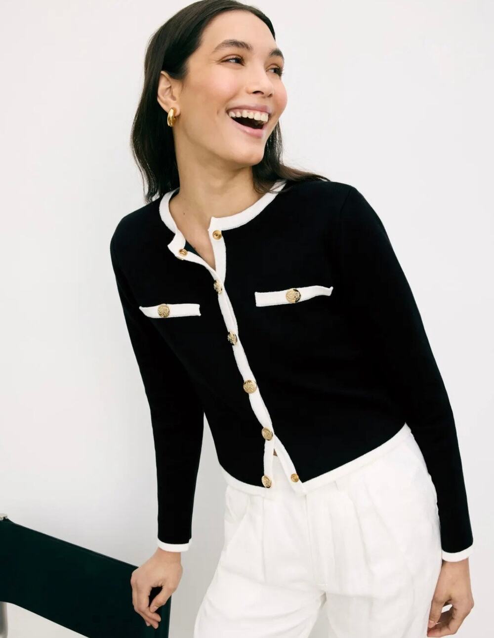 Alexia Admor Black & White Contrast Trim Knit Cardigan Size S MSRP 169